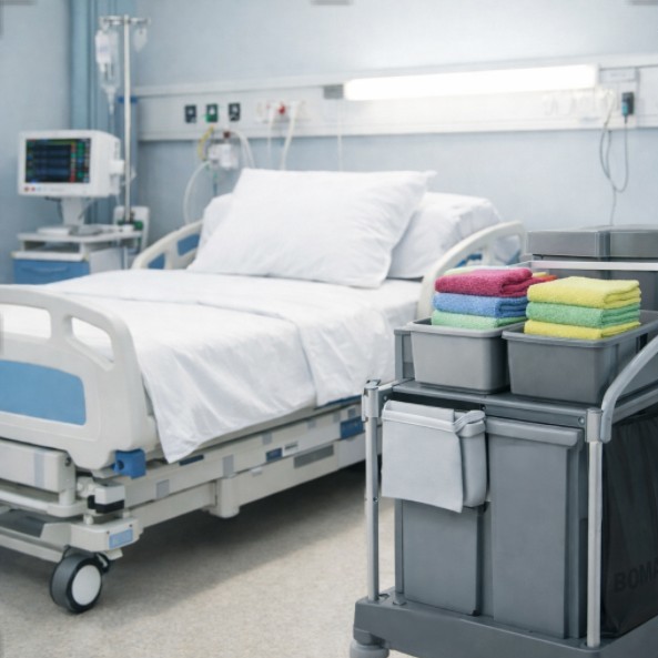 Hospital bed with cleaning cart and microfiber cloths